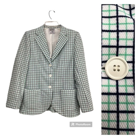 Vtg 70s Women Plaid Jacket Tag Sz 12 Blue Green Polyester Double Knit Mod Retro - Picture 1 of 11
